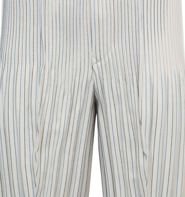 Image 4 of 4 - WHITE - ISSEY MIYAKE TWEED PLEATS PANTS featuring a slim, tapered leg, full-length hem, center seam detail, elastic waistband and two pockets. 100% polyester. 