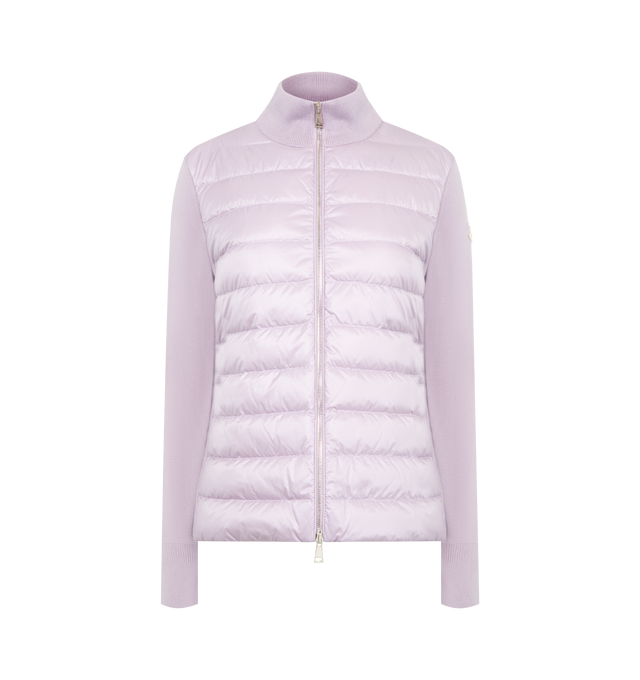 Image 1 of 3 - PURPLE - MONCLER Padded Wool Cardigan featuring padded bodice finished with knit collar and sleeves, stand collar, long sleeves, embroidered logo patch at left sleeve, classic fit , hem sits at the hip and two-way zip-front. Nylon/polyamide/virgin wool. Fill: Down/feather.
