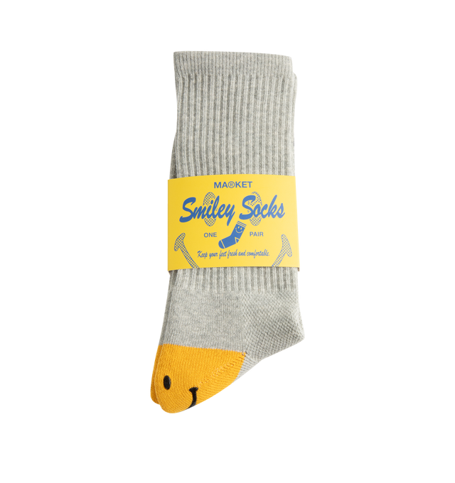 Image 5 of 5 - GREY - MARKET Smiley Heel Socks featuring a soft and stretchy cotton/spandex blend, comfortable, breathable fit and Smiley graphic on the heel.