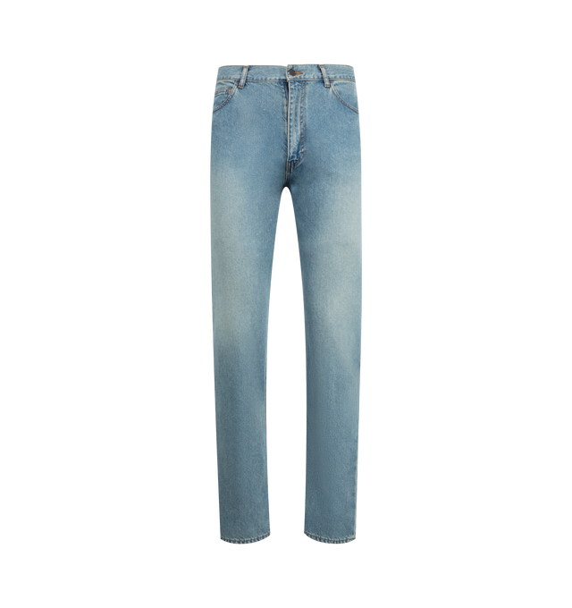 Image 1 of 3 - BLUE - THE ROW Fred Jean featuring relaxed fit, lightweight denim with tonal topstitching, classic 5-pocket construction, and zipper fly closure. 100% cotton. Made in Japan.