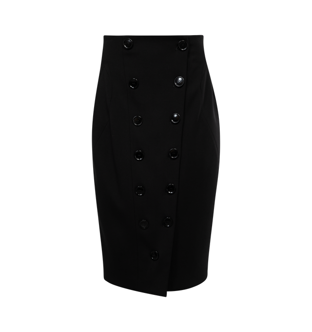 Image 1 of 3 - BLACK - ALAIA Button Pencil Skirt featuring buttons in a v shape, high waisted, bodycon, midi length and made from stretch wool. 98% virgin wool, 2% elastane. Made in Italy. 