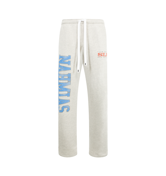 Image 1 of 3 - GREY - NAHMIAS Competition Wide Sweatpants featuring screen print on front, bungee cord at leg opening and elastic waist with drawstring. 100% cotton.
