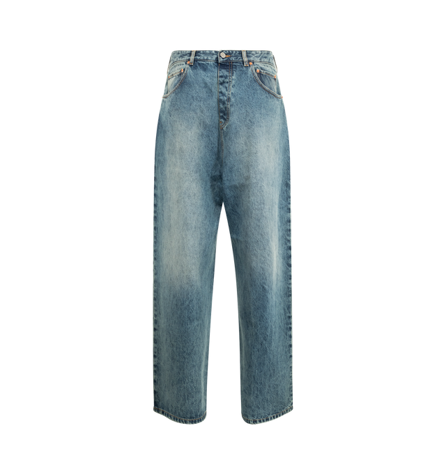 Image 1 of 3 - BLUE - VETEMENTS Back To Front Wide-Leg Denim Jeans featuring concealed hook-and-eye and zip-fly fastening at front, exposed button fastening at back, relaxed fit, high-rise, wide leg, belt loops, two patch pockets and brand patch at front, two slip pockets at back and faded wash. 100% cotton. Made in Italy.