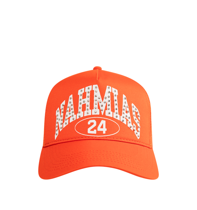 Image 1 of 2 - ORANGE - NAHMIAS Studded Nahmias Marquee Trucker Hat featuring 5 panel hat, logo marquee motif on front, studded logo, adjustable snap closure. 57% cotton, 43% nylon.