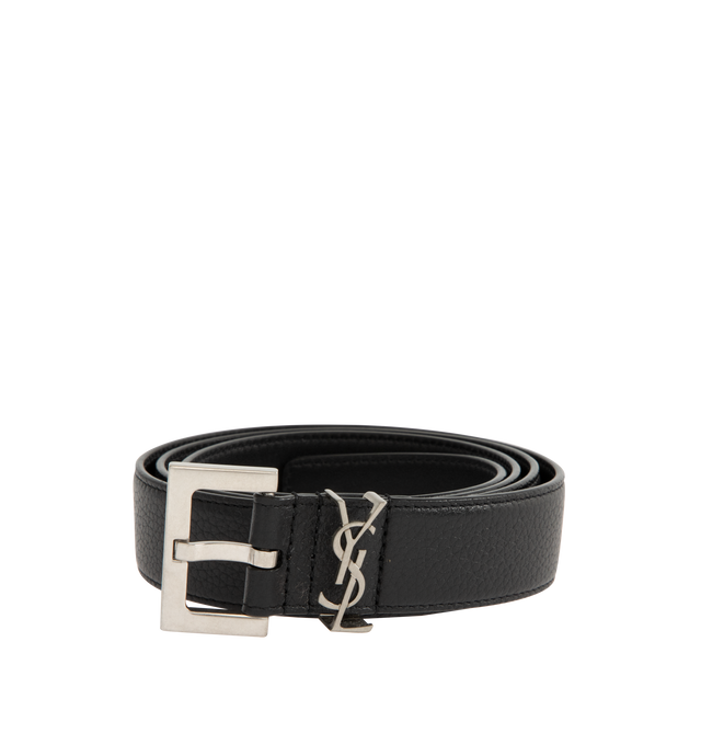 Image 1 of 2 - BLACK - SAINT LAURENT Cassandre Belt featuring adjustable square buckle, oxidized nickel hardware and cassandre belt. 1.1 inches. 100% calfskin leather. Made in Italy.