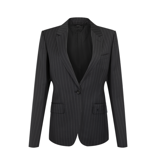 Image 1 of 2 - BLACK - Tom Ford Women's Chalk Stripe single breasted jacket is made of a striped wool blend , with a slightly curved sleeve shape, tailored shoulder pads and flap pockets. Main material: Wool. Made in Italy.