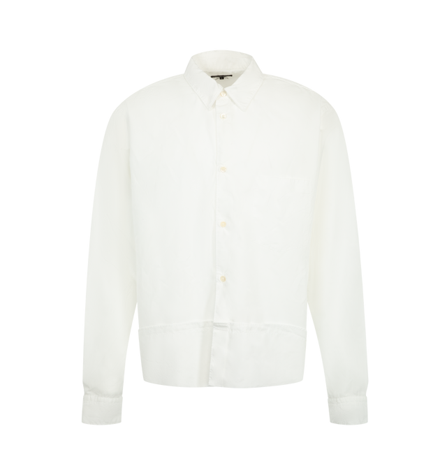 Image 1 of 2 - WHITE - Comme des Garons Homme Plus Men's Shirt is crafted from cotton and features a classic shirt collar, long sleeves, buttoned cuffs, and a button-front closure. Part of the Fall/Winter 2025 collection, this refined style showcases the brand's signature blend of timeless tailoring and avant-garde design through a clean, minimalist silhouette. Main Material: 100% Cotton. Collar: Classic Shirt Collar. Closure: Button Front. Sleeves: Long Sleeve. Cuffs: Buttoned Cuffs. Color: White. Made in