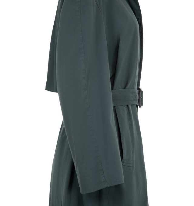 Image 3 of 3 - GREEN - The Row women's single-breasted car coat in washed cotton with oversized fit, slant welt pockets, concealed front placket with wooden buttons, and removable belt with leather buckle. 100% Cotton fully lined in 100% Cotton. Made in Italy.