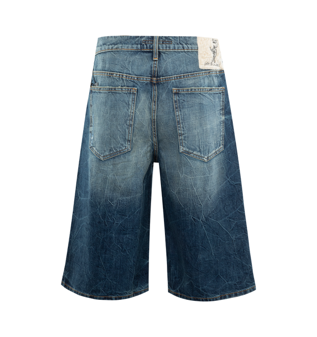 Image 2 of 3 - BLUE - COUT DE LA LIBERTE Zander Cirspy Denim Baggy Short featuring button front closure, 5 pocket styling, distressed throughout and wide leg. 100% cotton. Made In USA. 