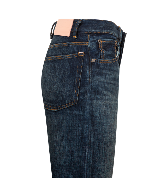 Image 3 of 3 - BLUE - ACNE STUDIOS 2021f Yoyogi Wide Leg Jean featuring button fly closure, 5-pocket styling, intentional whiskering and fading, leather logo patch at back and rigid denim fabric. 100% cotton. Made in Italy.
