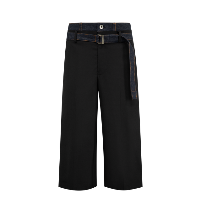 Image 1 of 3 - BLACK - SACAI Suiting & Denim Trousers featuring plain-woven wool-blend trousers, belt loops and detachable cinch belt at waistband, denim trim at layered waistband, four-pocket styling, zip fly, partial satin lining and contrast stitching in tan. 70% polyester, 30% wool. Trim: 100% cotton. Lining: 100% cupro. Made in Japan.