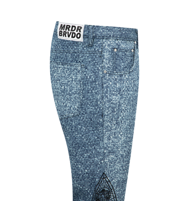 Image 3 of 3 - BLUE - WHO DECIDES WAR Trucker Jeans featuring basket-woven non-stretch denim, belt loops, five-pocket styling, zip-fly, logo graphic embroidered at outseams, leather logo patch at back waistband and contrast stitching in black. 100% cotton. Made in China. 