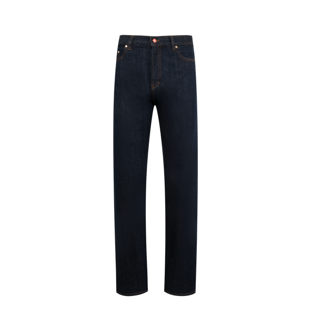 Image 1 of 3 - BLUE - CASABLANCA Laurel Selvedge Denim Jeans featuring embroidered interlocking CC logo, belt loops, front and back pockets, gold-plated branded hardware, and a zip closure. 100% cotton.