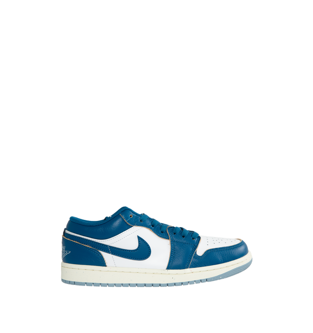 Image 1 of 5 - BLUE - AIR JORDAN 1 low-top lace-up sneakers crafted from leather and textiles in the upper for durability and structure and Nike Air-Sole unit for lightweight cushioning. Rubber in the outsole gives you traction on a variety of surfaces. Features stitched-down Swoosh logo and Jumpman Air design on tongue. 
