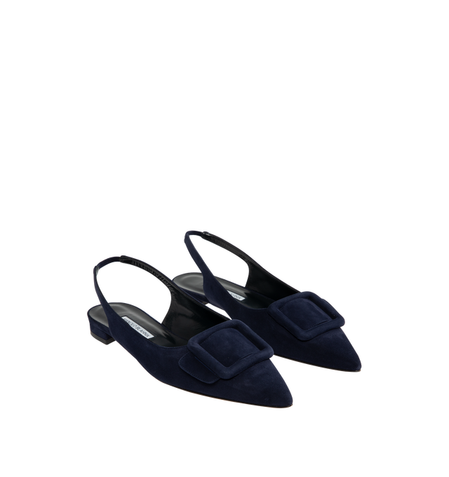 Image 2 of 4 - NAVY - MANOLO BLAHNIK Maylura Slingback Flats featuring suede pointed toe flat pumps with decorative buckle detail, elasticated slingback design and flat stacked heel. Upper: 100% kid suede. Sole: 100% calf leather. Lining: 100% kid leather. Heel measures 10 mm. Made in Italy.