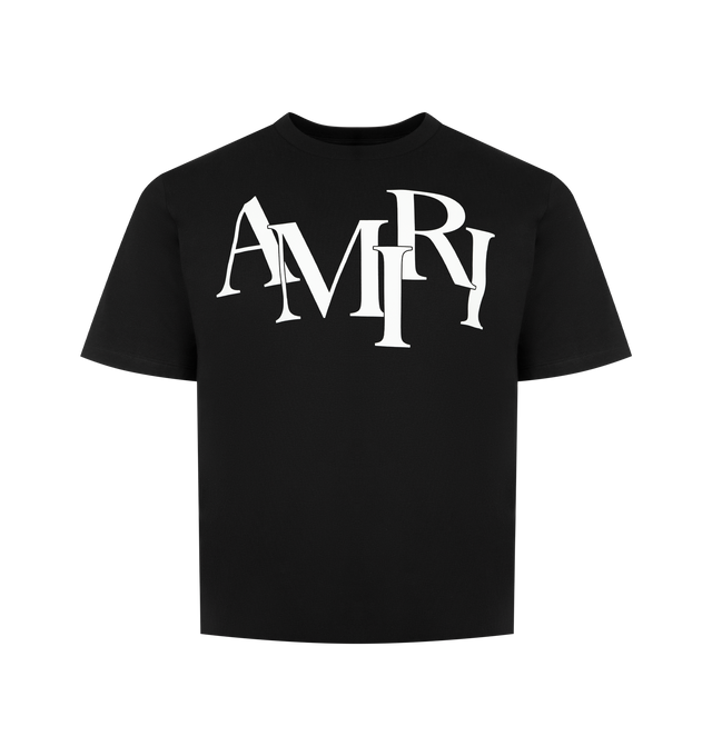 Image 1 of 2 - BLACK - AMIRI Staggered Logo Tee featuring printed Amiri's staggered logo at the chest, crewneck, short sleeves and pulls over. 100% cotton. Made in Italy.