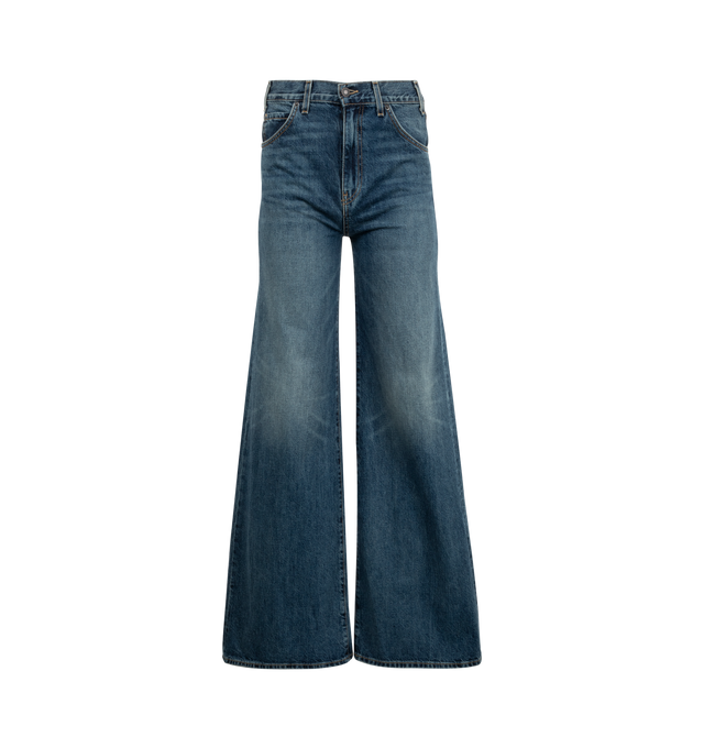 Image 1 of 3 - BLUE - NILI LOTAN Salome Jeans featuring high rise, five-pocket style, wide legs, full length, button zip fly and belt loops. Cotton. Made in USA.