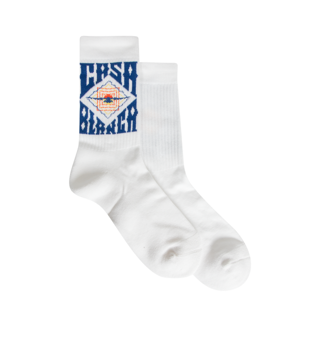 Image 1 of 2 - WHITE - The Casablanca Men's white Hermons Mirage Socks are a sports design crafted from a cotton blend, featuring the house's Casa artwork and signature diamond logo. 87% recycled cotton 12% polyamide 1% elastane. Made in Portugal