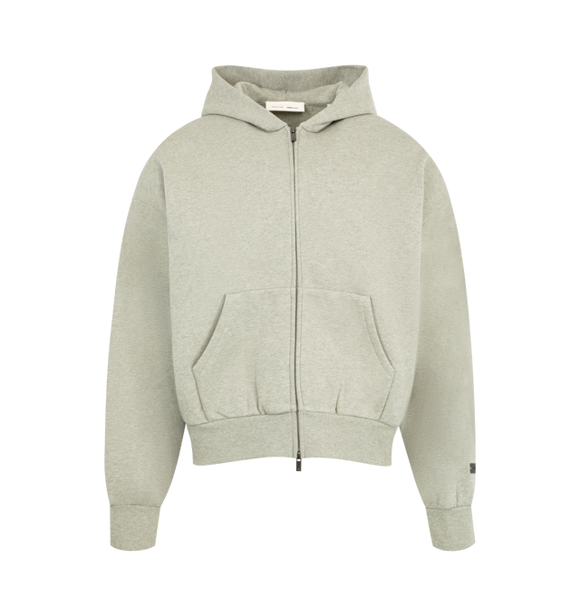 Image 1 of 2 - GREY - FEAR OF GOD ESSENTIALS Classic Fleece Zip-Up Hoodie made from 380gsm core fleece featuring a classic fit with signature Fear of God relaxed proportions. A new beveled metallic "Essentials Fear of God" logo is branded across the back. Details include a double-layer hoodie, rib-knit cuffs, waist-hem, and a kangaroo pocket. A "Fear of God Essentials" rubberized label is stitched on the hood and sleeve. 80% cotton, 20% polyester fleece.