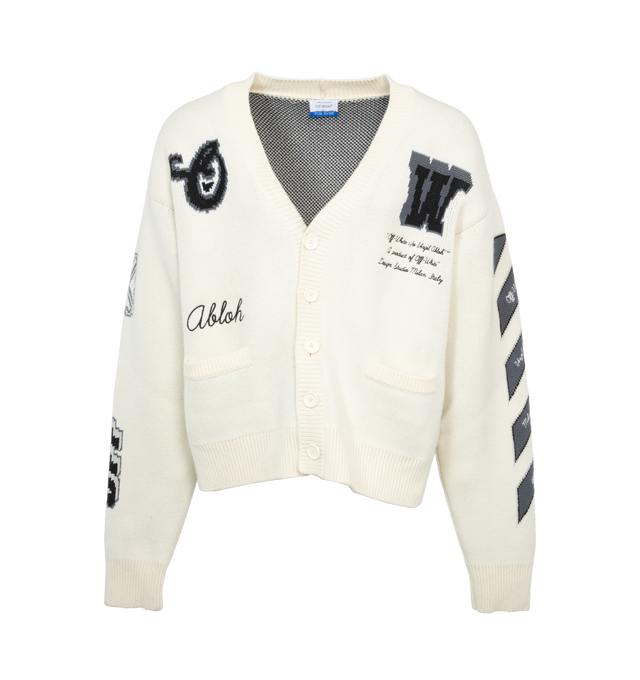 Image 1 of 3 - WHITE - OFF-WHITE Moon Varsity Knit Cardigan featuring v-neck, drop-shoulders, long sleeves, rib-knit trim and button-front closure. 55% wool, 41% cotton, 4% polyamide. Made in Italy. 