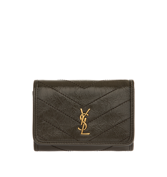 Image 1 of 3 - BROWN - Saint Laurent Womens Tri-Fold Wallet is crafted from calfskin leather. Features signature CASSANDRE hardware, quilted topstitching, snap-button closure, six card slots, one bill compartment, one zip coin pocket, and bronze-tone hardware. Dimensions: 12 11.5 2.5 cm. Main Material: Calfskin Leather; Hardware: Brass. Made in Italy.