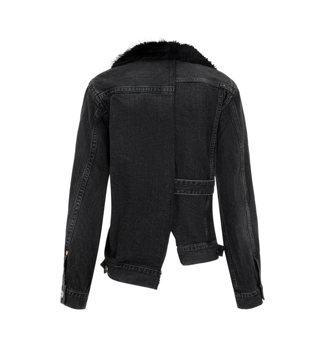 Image 2 of 2 - BLACK - Sacai Women's faux fur-trimmed cinched denim jacket featuring an asymmetric button placket and a plush black collar. Material: Cotton Denim, Polyester Faux Fur.