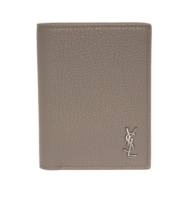 Image 1 of 3 - GREY - SAINT LAURENT Tiny Cassandre Credit Card Wallet featuring single fold wallet with small YSL initials, four credit card slots, two reciept compartments and one bill compartment. 3.5 X 4.5 X 0.8 inches. 95% calfskin, 5% metal. Made in Italy. 