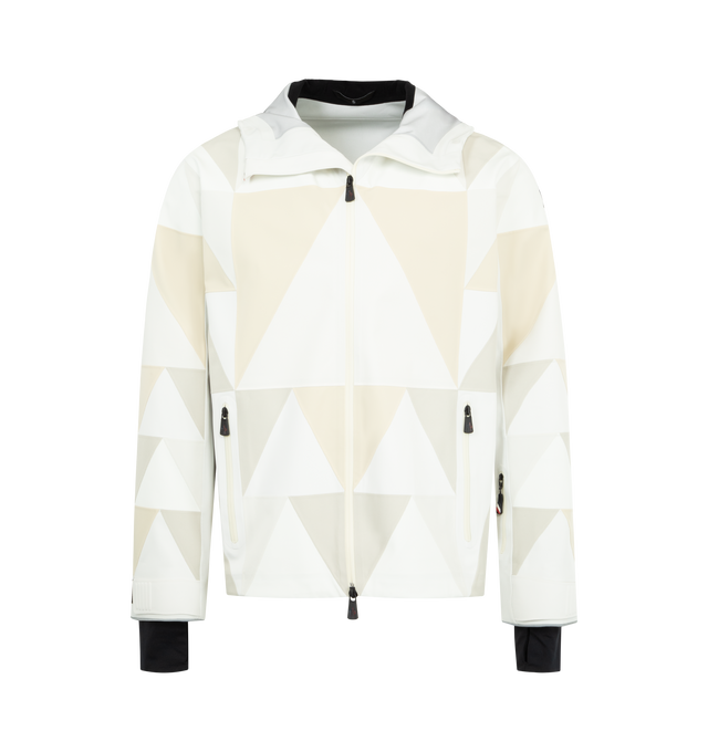 Image 1 of 3 - WHITE - MONCLER GRENOBLE Valserine GORE-TEX Laminate Patchwork Ski Jacket featuring technical quilted in 2L GORE-TEX laminate canvas, 4-way 2L stretch nylon, 2L stretch Dermizax intarsia, heat-sealed seams, adjustable hood with visor, YKK AquaGuard Highly Water Resistant zipper closure, pockets with YKK AquaGuard Highly Water Resistant zipper closure, RECCO reflector, adjustable cuffs, stretch jersey wrist gaiters and logo details. 100% polyester.