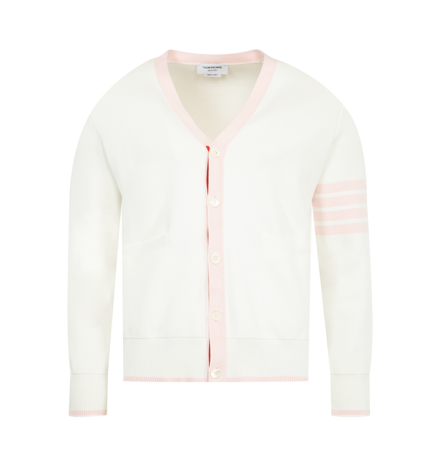 Image 1 of 3 - WHITE - THOM BROWNE Milano Stitch 4 Bar Cardigan featuring signature 4-bar detailing on the left sleeve, striped grosgrain trim at the front, cuffs, and side vents, front button closure, 2 front slip pockets, 4-bar detailing, buttoned cuffs with signature striped grosgrain trim, buttoned side vents with signature striped grosgrain trim and signature striped grosgrain loop tab. 100% cotton. Made in Italy.