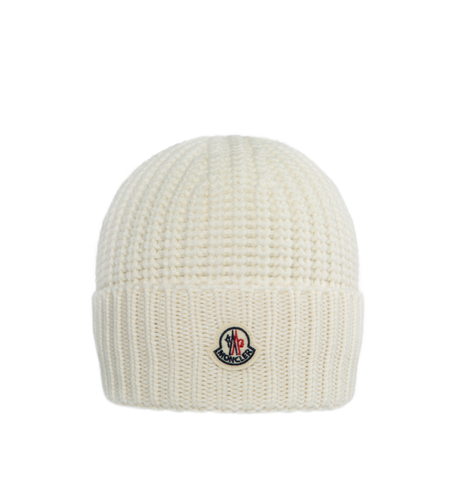 Image 1 of 2 - WHITE - MONCLER Rhinestone Logo Beanie has a rhinestone encrusted logo patch and wide cuff. 100% virgin wool.  