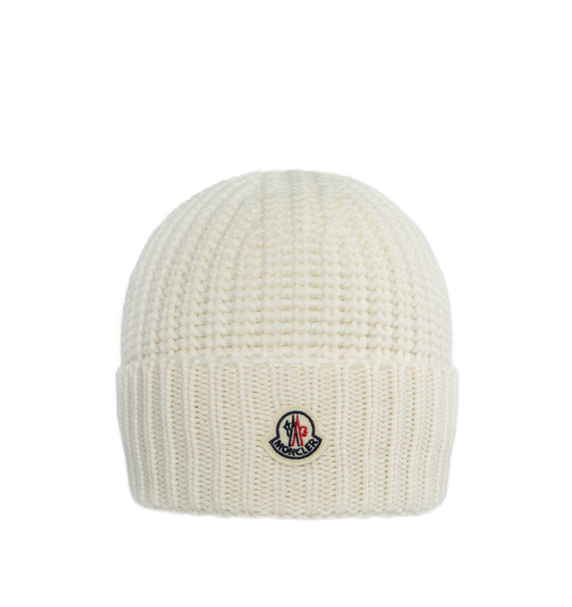 Image 1 of 2 - WHITE - MONCLER Rhinestone Logo Beanie has a rhinestone encrusted logo patch and wide cuff. 100% virgin wool.