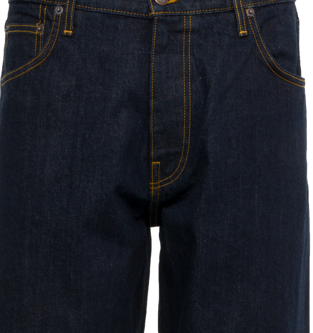 Image 4 of 4 - BLUE - Noah Stovepipe Relaxed Fit Jeans crafted from 100% cotton, Japanese selvedge denim. Classic 5-pocket style with zip fly, metal shank closure, and copper rivets. Woven label on back pocket. Wide fit.  Made in USA.  