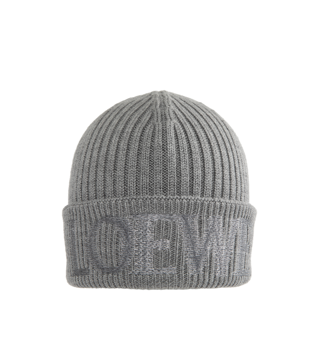 Image 1 of 2 - GREY - LOEWE Wool Beanie featuring medium-weight ribbed wool knit, regular length, turn-up cuff and blurred LOEWE embroidery placed at the front. Wool. Made in Italy.