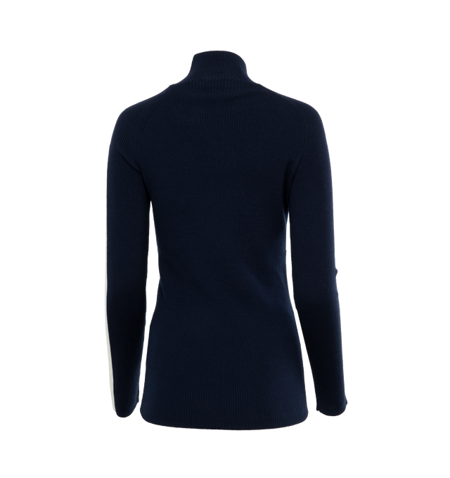Image 2 of 4 - NAVY - MONCLER Wool Zip-Up Turtleneck Sweater ribbed knit, zipped turtleneck and bicolor logo band. 98% wool, 1% elastane/spandex, 1% polyamide/nylon. Made in Italy. 