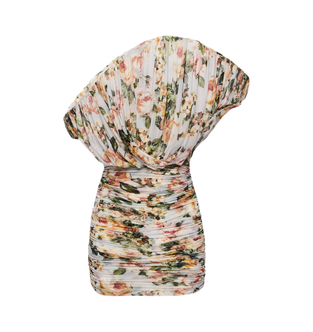 Image 1 of 2 - WHITE - MAGDA BUTRYM Fan Mini Dress in floral print featuring a sculptural mini dress with a dramatic fan-like draped front that flows into a one-shoulder silhouette, signature gathered detailing, body-hugging fit and ruching across the torso and hips. 92% cupro, 8% elastane.