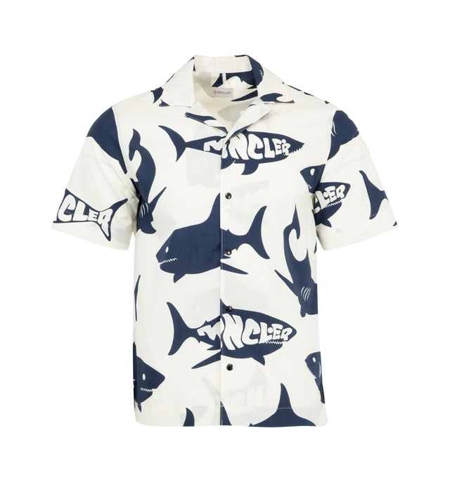 Image 1 of 3 - WHITE - MONCLER Shark Print Cotton Snap-Up Shirt featuring front snap closure, notched collar and short sleeves. 100% cotton.