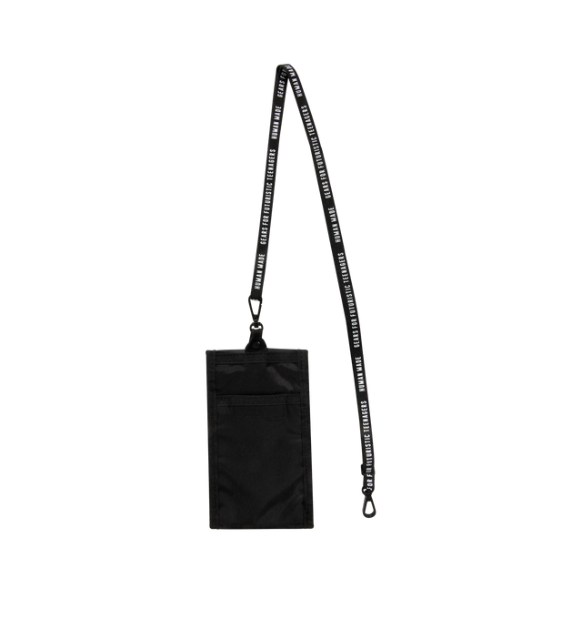 Image 2 of 4 - BLACK - HUMAN MADE Military Pouch featuring shoulder strap, lightweight and durable nylon Oxford fabric, heart-shaped magic tape, removing the tape reveals a text graphic, total of four pockets inside and out, brand logo appears on the shoulder strap and compact size for carrying a smartphone. 100% nylon.