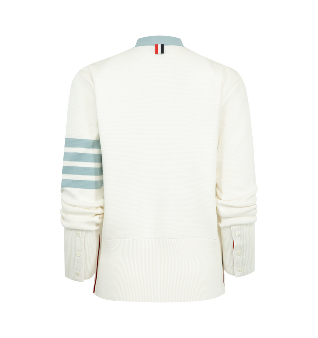 Image 2 of 3 - WHITE - THOM BROWNE Milano Classic 4-Bar Stripe Cotton V-Neck Cardigan featuring V-neck, long sleeves, contrast trim, rib-knit cuffs, side slip pockets, rib-knit hem and button-front placket. 100% cotton. Made in Italy.