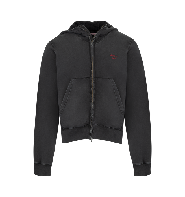 Image 1 of 2 - BLACK - MARTINE ROSE Hooded Zip Crew Jacket featuring cotton French terry hooded jacket, fading throughout, raw edge at hood and zip closure, logo embroidered at chest, patch pockets at waist, rib-knit hem and cuffs and graphic printed at back. 100% cotton. Made in Portugal.