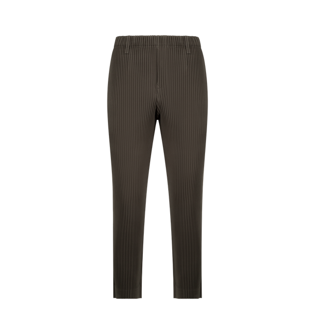 Image 1 of 3 - GREEN - ISSEY MIYAKE Tailored Pleats 2 Pant featuring straight leg, quick-drying property, pockets on both sides, belt loops at the waist and a button-fly design. 100% polyester. Made in Philippines.