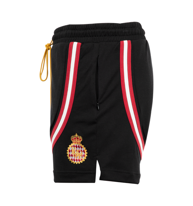 Image 3 of 3 - BLACK - RHUDE Crest Veille Track Shorts featuring drawstring at elasticized rib-knit waistband, two pockets, logo appliqu at front and vented outseams. Made in United States.