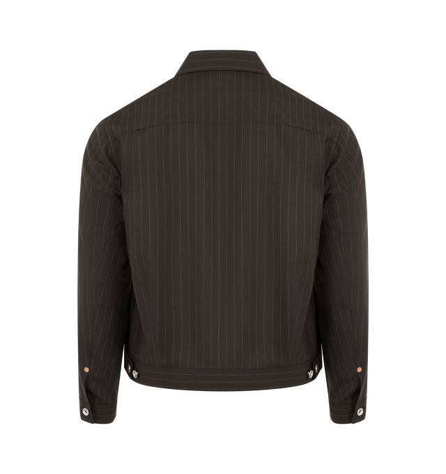 Image 2 of 3 - BROWN - SACAI Chalk Stripe Jacket featuring button front closure, collar, button flap front pockets, buttoned cuffs, adjustable waist tabs and stripes throughout.