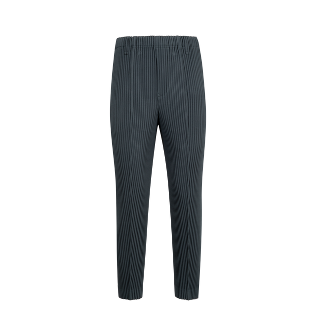 Image 1 of 3 - BLUE - ISSEY MIYAKE Compleat Trousers featuring slim-fit, garment-pleated, belt loops, concealed drawstring at elasticized waistband, two-pocket styling, button-fly and central pinched seam at legs. 100% polyester. Made in Philippines.
