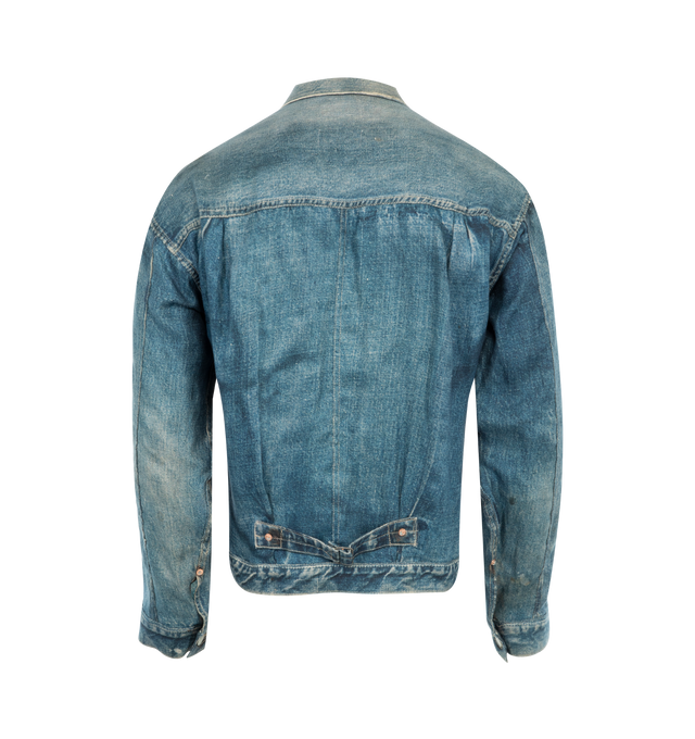 Image 2 of 3 - BLUE - JUNYA WATANABE Denim Style Blouson featuring faded effect, classic collar, front button fastening, long sleeves, chest patch pocket, buttoned cuffs and cinch strap to the rear. 100% flax. Made in Japan.
