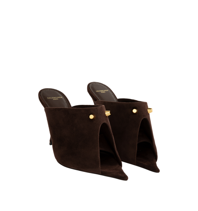 Image 2 of 4 - BROWN - Balenciaga Women's Midnight City Mule is crafted from suede goatskin and features an open-toe silhouette, a deep low-cut vamp, and a sculptural construction. Adorned with two signature City studs, this elevated mule is finished with a sculptural heel, Balenciaga Paris logo at the insole, small gold perforations along the insole edges, a tone-on-tone covered heel, and a black sole. Main Material: Goatskin Suede. Sole: Calfskin. Insole: Lambskin. Heel Height: 95 mm / 3.7 in. Made in Ita
