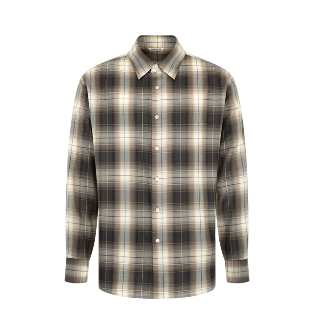 Image 1 of 2 - BROWN - Auralee Men's Super Light Wool Check Shirt is crafted from a lightweight wool check fabric woven from Super 120's ultra-fine worsted wool yarns and features a relaxed-fit silhouette. Main Material: Wool.