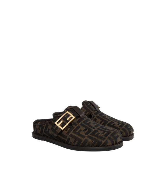 Image 2 of 4 - BROWN - FENDI Feel Mule featuring round-toe, FF strap, jacquard fabric and gold-finish metalware. 50% polyester, 50% polyamide. Inside: 100% lamb leather. Made in Italy.