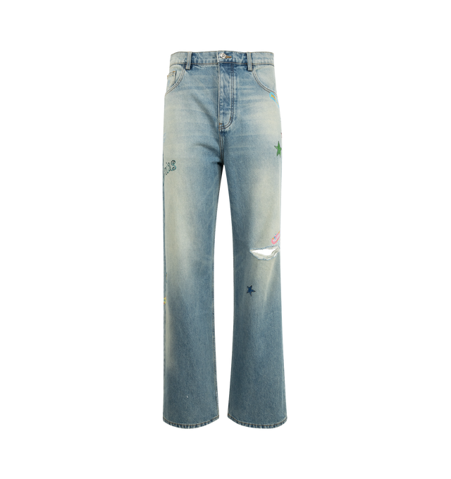 Image 1 of 5 - BLUE - NAHMIAS Bandaid Baggy Jeans featuring five pocket styling, baggy fit, embroidery throughout, distressing and hole in the knee. 100% cotton.
