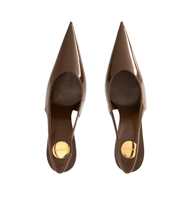 Image 4 of 4 - BROWN - Saint Laurent Guermantes slingback pumps in patent leather slingback pumps with a pointed toe, round saint laurent-engraved metal plaque on the insole, leather sole, elasticized slingback strap and 9.5cm covered stiletto heel. Calfskin, lambskin. Made in Italy.