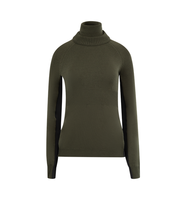 Image 1 of 3 - GREEN - MONCLER GRENOBLE Wool Turtleneck Sweater featuring stretch Merino wool, performance light fleece sides and underarms, turtle neck, stockinette stitch, gauge 7 and embroidered logo. 95% virgin wool, 5% polyester. 55% polyester, 34% polyamide/nylon, 11% elastane/spandex. Made in Moldova.